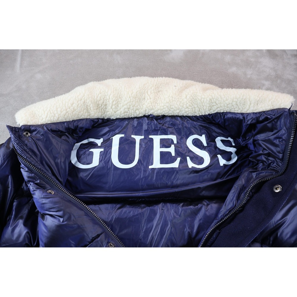 Guess Cassidy Puffer Quilted Jacket Womens Small Navy Sherpa Collar Winter Coat - Picture 3 of 9